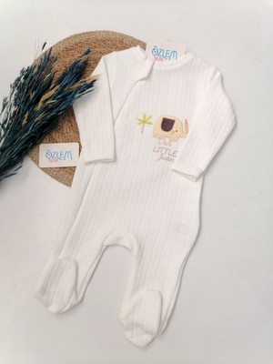 Bebitof Minik Fil Nakış Kapitone Ayaklı Beyaz Tulum 6-9 Ay