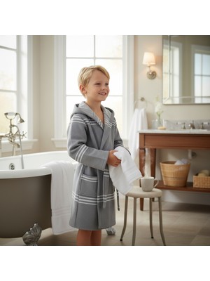 DNRYSL Çocuk Kapüşonlu Pamuk Bornoz, Yumuşak Dokulu, Cepli, Kemerli, Unisex Banyo Bornozu