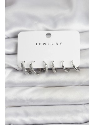 Shopwave Zirkon Taşlı Gümüş Renk Pirinç Kadın Küpe Seti