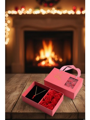 Sevgiliye Özel Hediye Seti -Kırmızı Gül Kutulu Altın Sarısı Şans Biberi Kolye -Doğum Günü Hediyesi