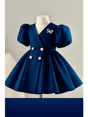 Musgem Özel Tasarım Umay Model Lacivert Renk Taş Aksesuarlı Kız Çocuk Abiye Elbise