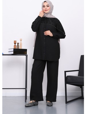 İmaj Butik Siyah Dantel Detaylı Boncuklu Tunik Pantolonlu Takım