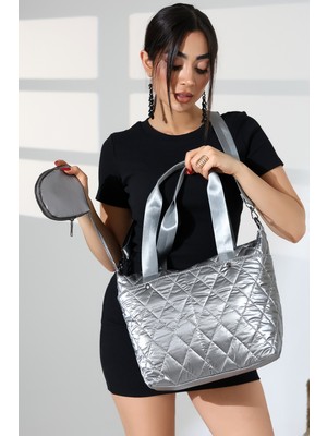 Moda Lime Antrasit Kapitone Büyük Omuz Çapraz Askılı Kadın Paraşüt Kumaş Çanta