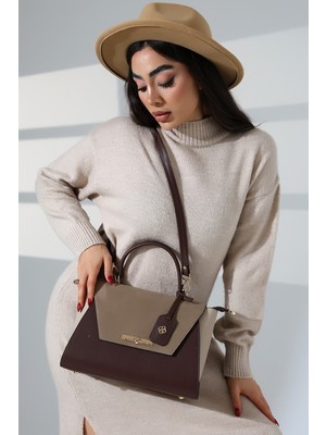 Moda Lime Kadın Kahve Krem Timsah Deri Kilit Detaylı Çanta