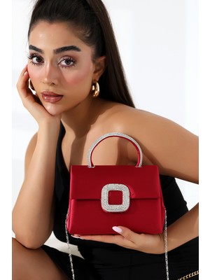 Moda Lime Kadın Bordo Saten Kulp Detaylı Zincir Askılı Abiye Çanta