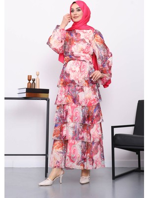 İmaj Butik Fuşya Desenli Katlı Şifon Elbise
