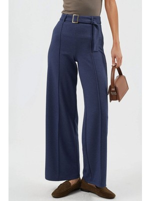 Hiccup Kadın Busem Kemerli Yüksek Bel Düz Paça Pantolon Oxford Mavisi