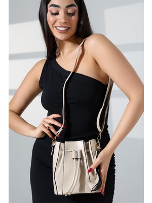 Moda Lime Kadın Bej Büzgülü El ve Omuz Askılı Modern ve Şık Kadın Çanta