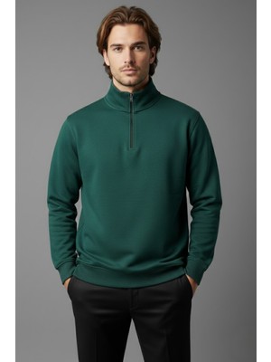Unisex Kışlık Koyu Yeşil Yarım Fermuarlı Dik Yaka 2 Iplik Basic Sweatshirt