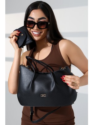 Moda Lime Kadın Siyah Suni Deri Zincir Detaylı Kadın Omuz ve El Çantası