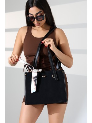 Moda Lime Kadın Siyah Süet Fular Detaylı Şık Kadın Omuz ve El Çantası – Günlük ve Ofis Kullanımına Uygun