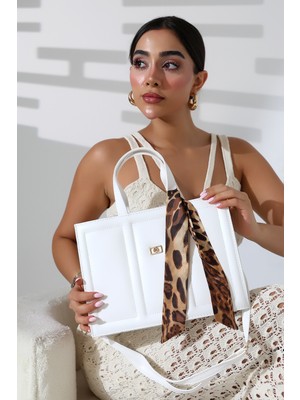 Moda Lime Kadın Beyaz Renkli Modern Tasarımlı Deri Görünümlü Fular Detaylı Omuz ve El Çantası