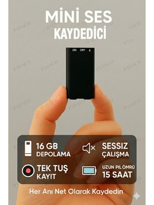 Pasaco 16GB Mini Dijital Ses Kayıt Cihazı Tek Şarjla 15 Saat Kayıt Taşınabilir Ses Kaydedici