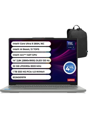 Lenovo Ideapad Pro 5 14IAH10 Ultra 9 285H 32GB LPDDR5X 8533 Mhz 1 Tb Gen 4 M2 SSD Windows 11 Pro 14" OLED 2.8k 83JK0019TR +Snertech Çanta