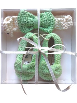 Pacco Baby El Örgüsü Yeşil Fiyonk Saç Bandı & Espadril Set