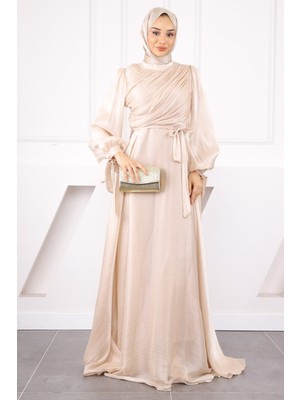 İmaj Butik Bej Balon Kol Önü Drapeli Şifon Abiye