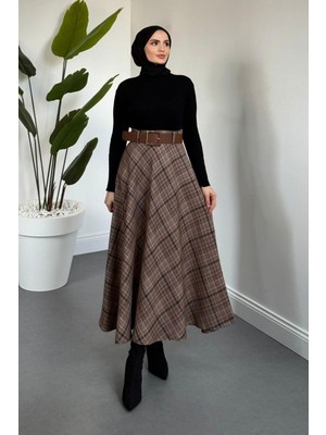 Merven Akyüz Roy Ekose Desen Kemerli Etek Sütlü Kahve