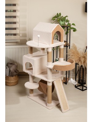 Feyza Design 3 Katlı Kedi Ağacı, Tırmalama, Yatak ve Oyuncaklı, Bej-Kahverengi