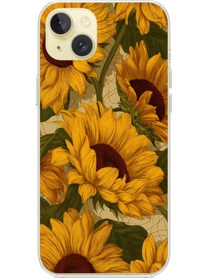 TechTree iPhone 15 Plus Uyumlu Altın Sarısı Ayçiçeği Bahçesi Baskılı Silikon Kılıf