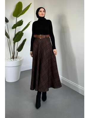 Merven Akyüz Roy Ekose Desen Kemerli Etek Kahverengi