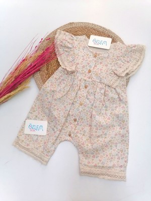 Miniborn Çiçek Desen Dantelli Keten Elbise Tulum Sütlü Kahve - 6-9 Ay