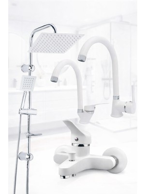 Vivenzo Beyaz Robot Yağmurlama Duş Seti Banyo Mutfak Lavabo Bataryası Pirinç Musluk Seti