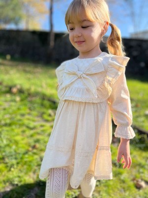 Butik Kız Çocuk Keten Fisto Detaylı Pamuklu Elbise