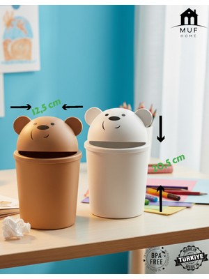 Özbience Sevimli Ayıcık Tasarımlı Masaüstü Çöp Kutusu, 2500 Ml, Kahverengi ve Beyaz