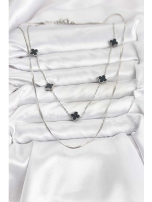 316L Çelik Zincir Gümüş Renk Italyan Zincirli Siyah Yonca Model Kadın Kolye - Bamido