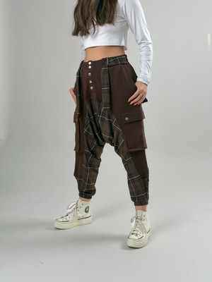 Cocopelli Garni Tasarım Kadın Kahve Ekose Desenli Spor Şalvar COC2618