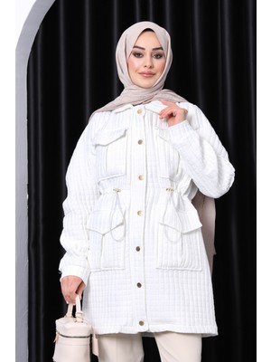 İmaj Butik Ekru Bel Büzgülü Kapitone Mont