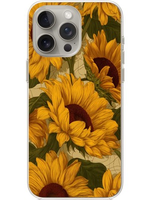 TechTree iPhone 15 Pro Uyumlu Altın Sarısı Ayçiçeği Bahçesi Baskılı Silikon Kılıf