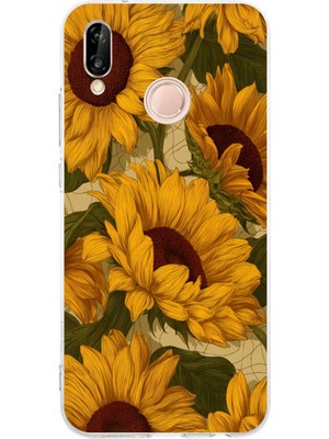 TechTree Huawei P20 Lite Uyumlu Altın Sarısı Ayçiçeği Bahçesi Baskılı Silikon Kılıf