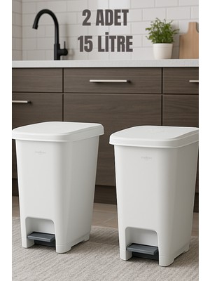 Özbience 2'li Pedallı Çöp Kovası 15 Litre Beyaz, Slim Tasarım, Pratik ve Şık