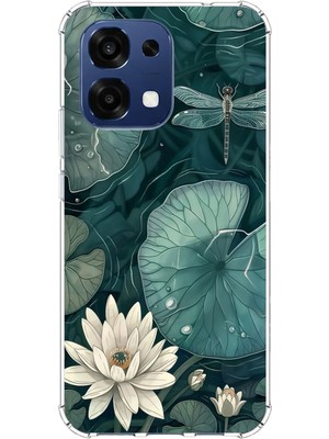 TechTree Oppo A6 Pro Uyumlu Yeşil Yapraklı Nilüfer ve Yusufçuk Baskılı Silikon Kılıf