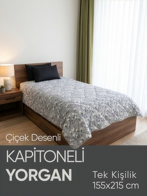 Piyes Home Kapitoneli Gri Çiçek Desenli Yorgan