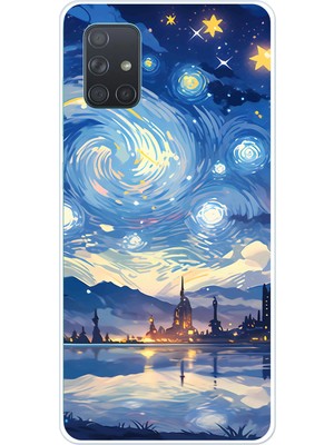 TechTree Samsung Galaxy A71 Uyumlu Yıldızlı Gökyüzü ve Şehir Silüeti Baskılı Silikon Kılıf