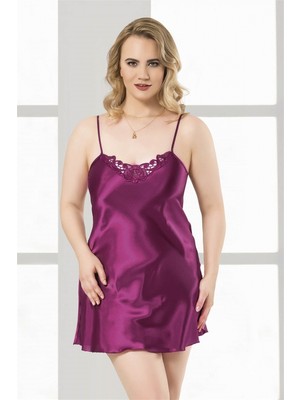 Marsilyan Büyük Beden Mor Kısa Saten Gecelik