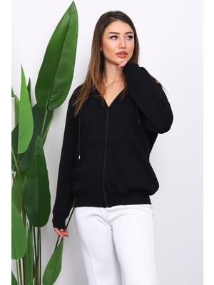 İmaj Butik Siyah İçi Şardonlu Üç İplik Oversize Hırka