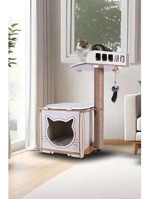 Feyza Design Xl Lâl Yataklı Tırmalamalı Kedi Evi, Rahat ve Eğlenceli Tasarım