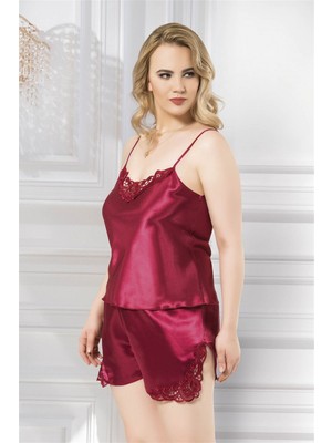 Marsilyan Büyük Beden Bordo Saten Babydoll Şort Takımı