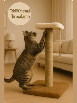 Feyza Design Yumuşak Peluş Dokuma Kedi Tırmalama Tahtası 44 Cm, Doğal Jüt Halatlı