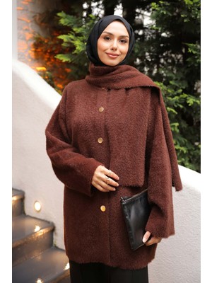 İmaj Butik Kahverengi Atkı Detaylı Angora Yumoş Triko Hırka