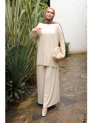 İmaj Butik Açık Bej Piliseli Sandy Tunik Pantolon Takım