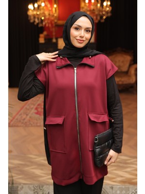 İmaj Butik Bordo Yakası Ve Beli Stoper Lastikli Cepli Scuba Yelek
