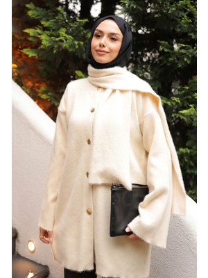İmaj Butik Krem Atkı Detaylı Angora Yumoş Triko Hırka