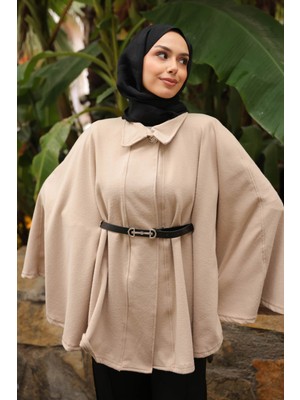 İmaj Butik Koyu Bej Kemerli Kaşe Panço