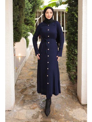 İmaj Butik Lacivert Düğmeli Triko Elbise