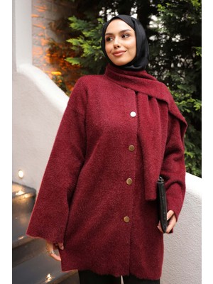 İmaj Butik Bordo Atkı Detaylı Angora Yumoş Triko Hırka