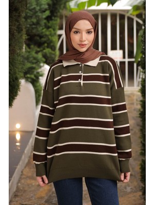 İmaj Butik Haki Çizgili Yakalı Triko Kazak